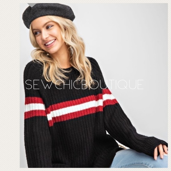 SLOUCHY Athletic Striped Front Knit Sweater - Picture 2 of 5